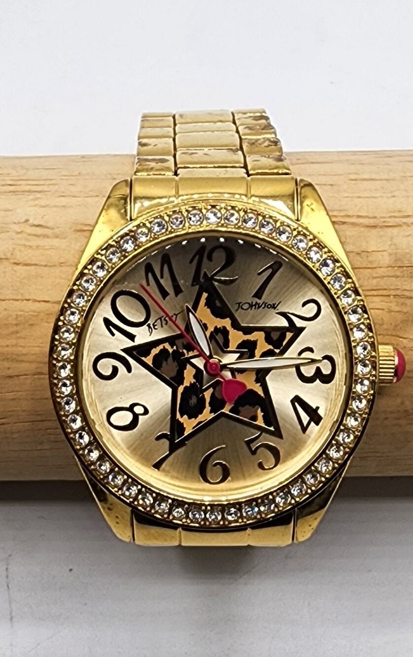 Betsey Johnson Gold Tone Watch Rhinestone Bezel Leopard Star Face Pink Heart
